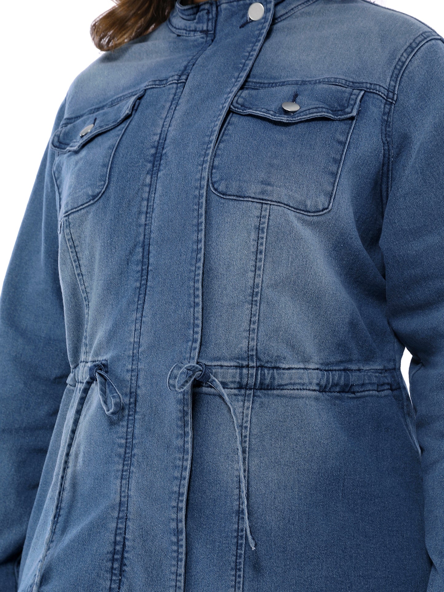 Women's Plus Size Denim Jacket Stretch Stand Collar Zip Drawstring Jean Jacket