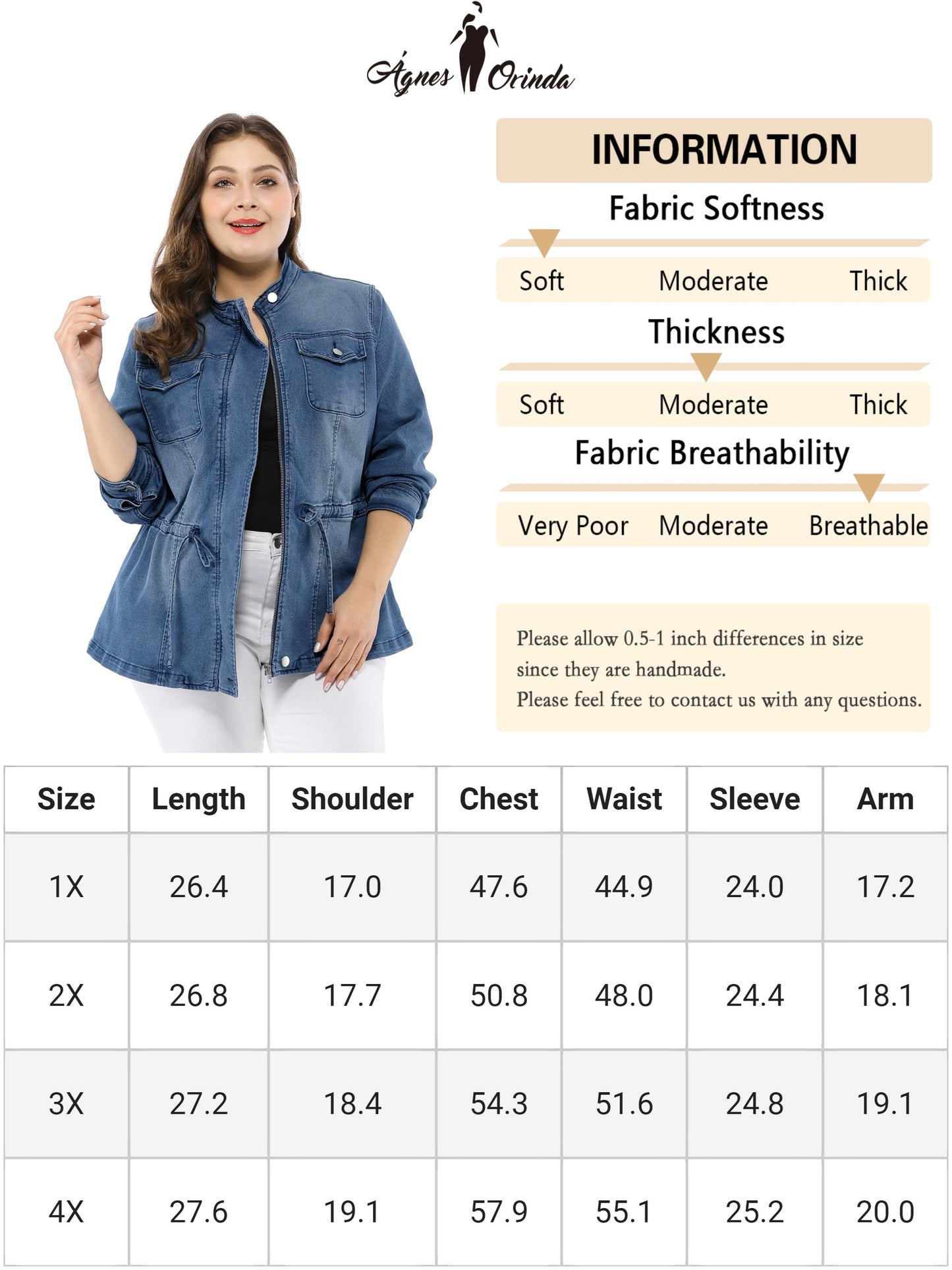 Women's Plus Size Denim Jacket Stretch Stand Collar Zip Drawstring Jean Jacket