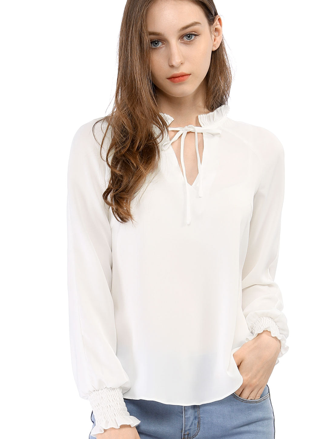 Women's Bow Tie Long Sleeve Shirt Chiffon Blouse