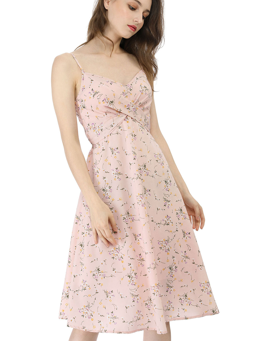 Women's Floral Twist Front Knee Length Adjustable Strap Summer Dress