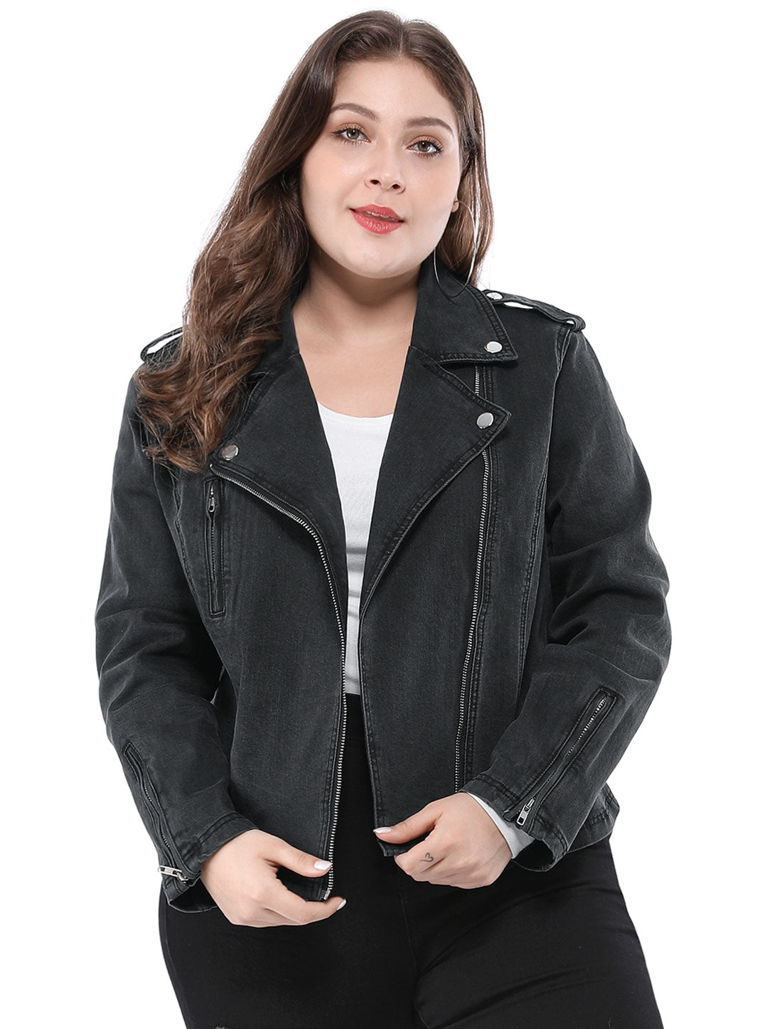 Women's Plus Size Denim Jackets Collar Inclined Zip Closure Biker Moto Jacket