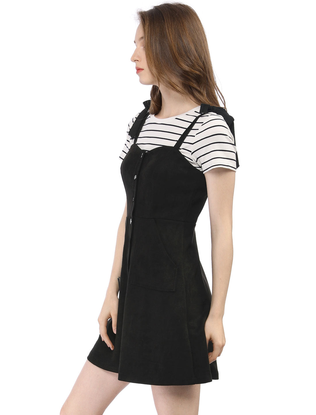 Women's Button Down Pockets Sleeveless Faux Suede Pinafore Overall Dress