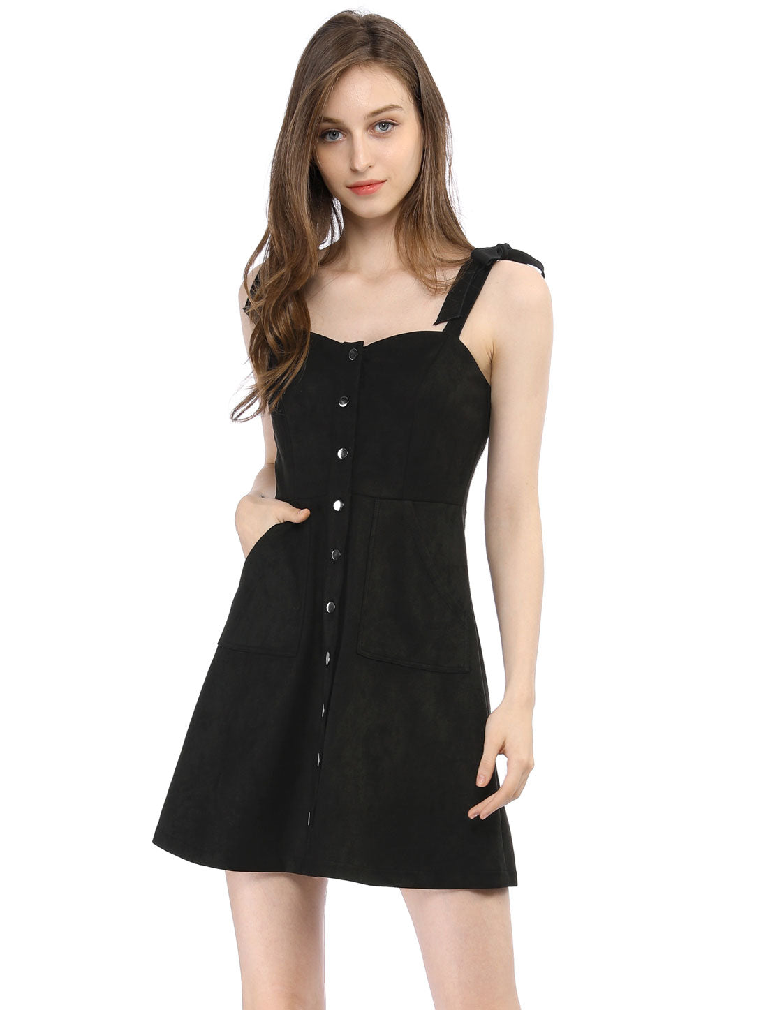 Women's Button Down Pockets Sleeveless Faux Suede Pinafore Overall Dress