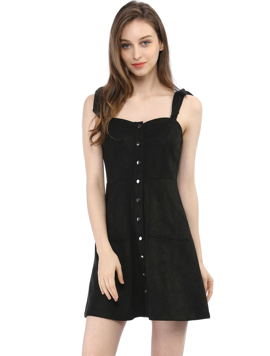 Women's Button Down Pockets Sleeveless Faux Suede Pinafore Overall Dress