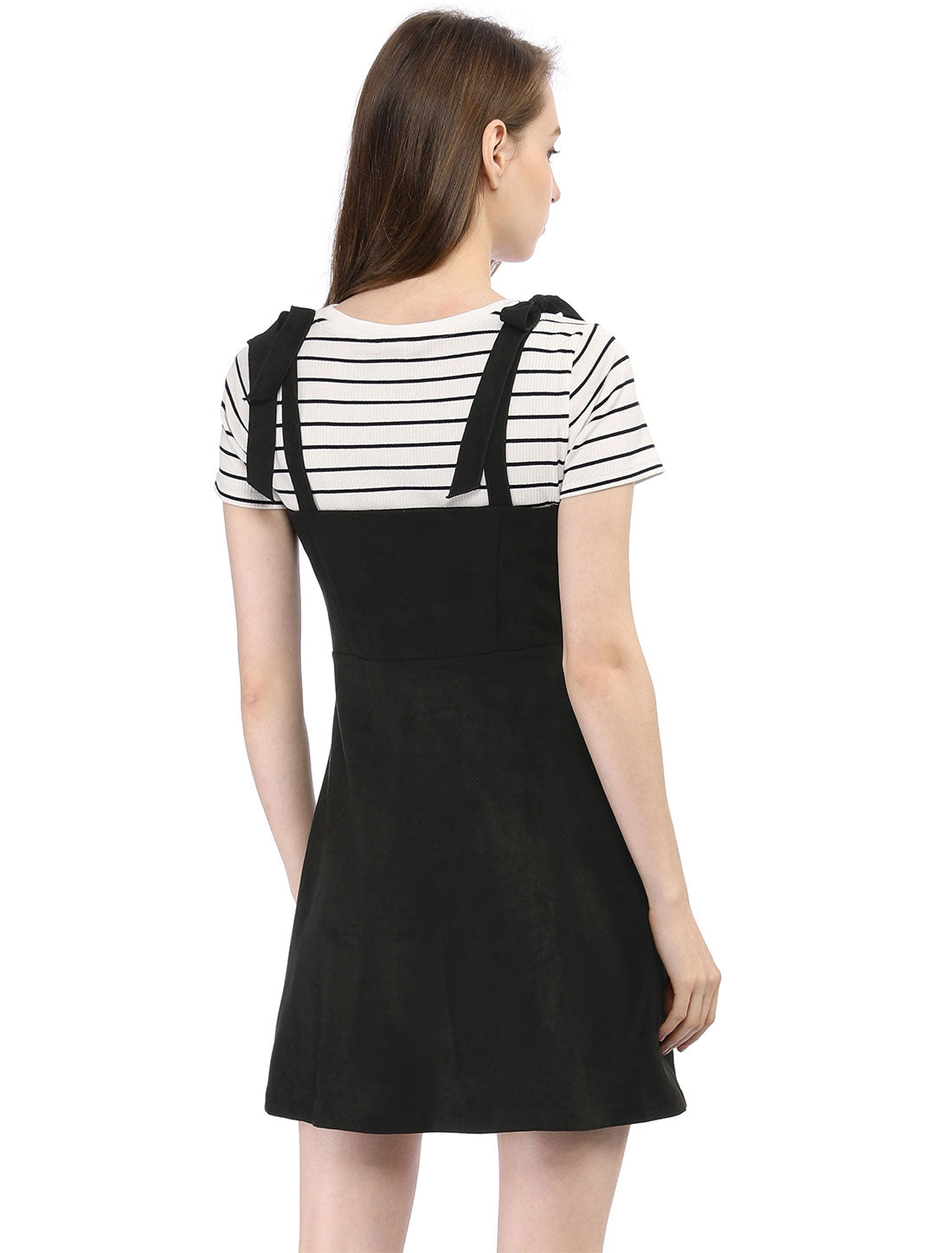 Women's Button Down Pockets Sleeveless Faux Suede Pinafore Overall Dress