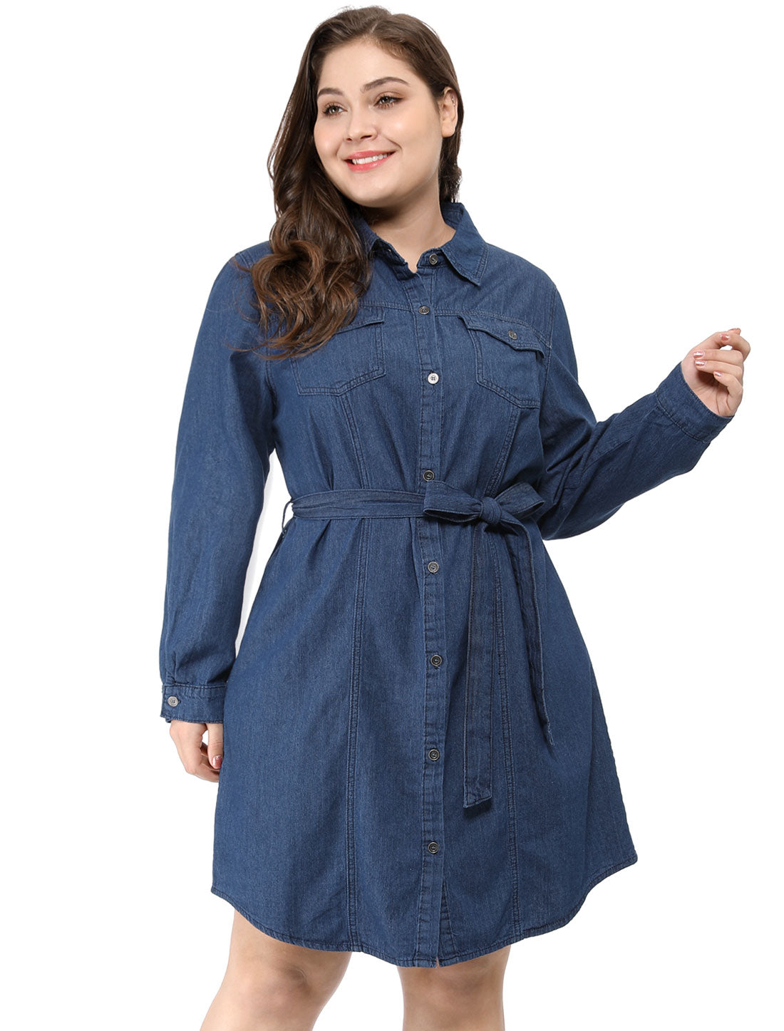 Women's Plus Size Denim Dress Midi Jean Shirt Button Down Long Sleeves Jeans Dress