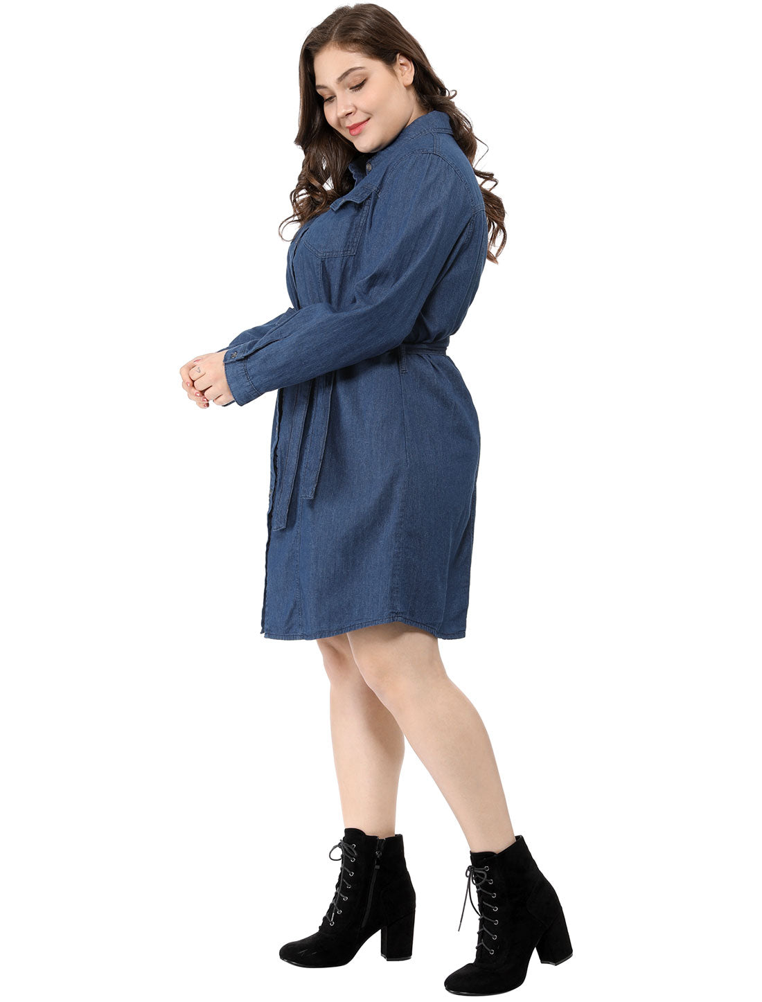 Women's Plus Size Denim Dress Midi Jean Shirt Button Down Long Sleeves Jeans Dress