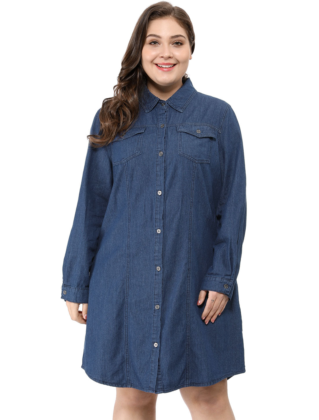 Women's Plus Size Denim Dress Midi Jean Shirt Button Down Long Sleeves Jeans Dress