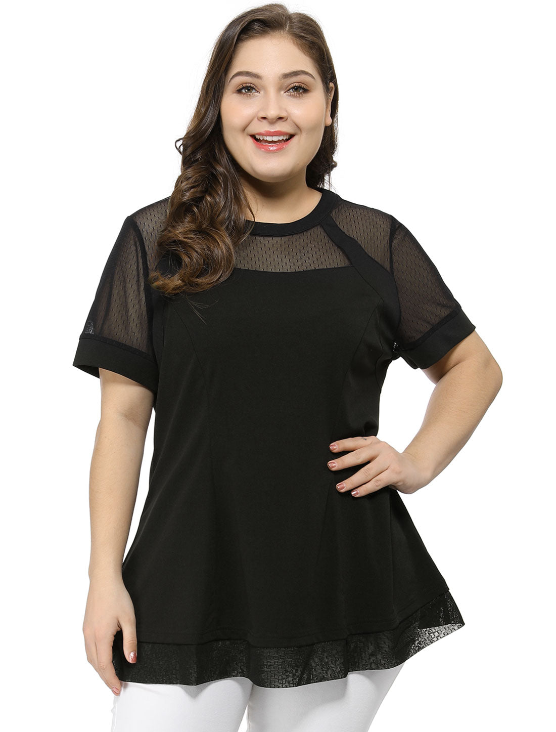 Women's Plus Size Round Neck Peplum Short Sleeve Mesh Sheer Blouse Summer Top