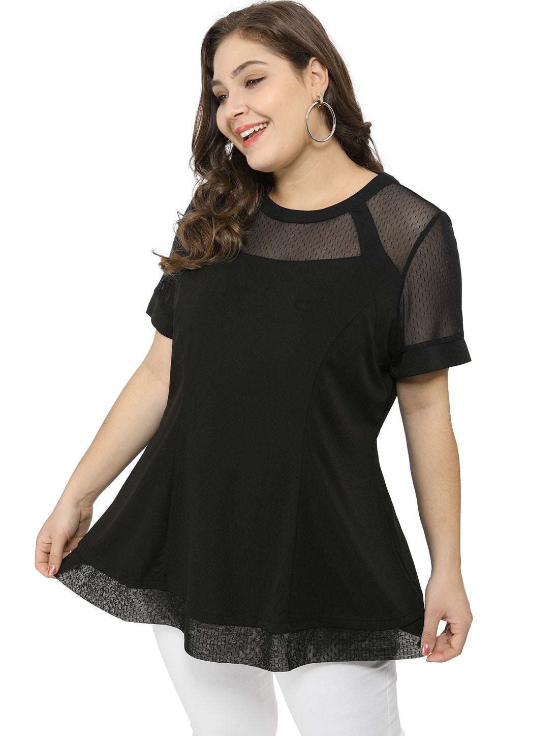 Women's Plus Size Round Neck Peplum Short Sleeve Mesh Sheer Blouse Summer Top