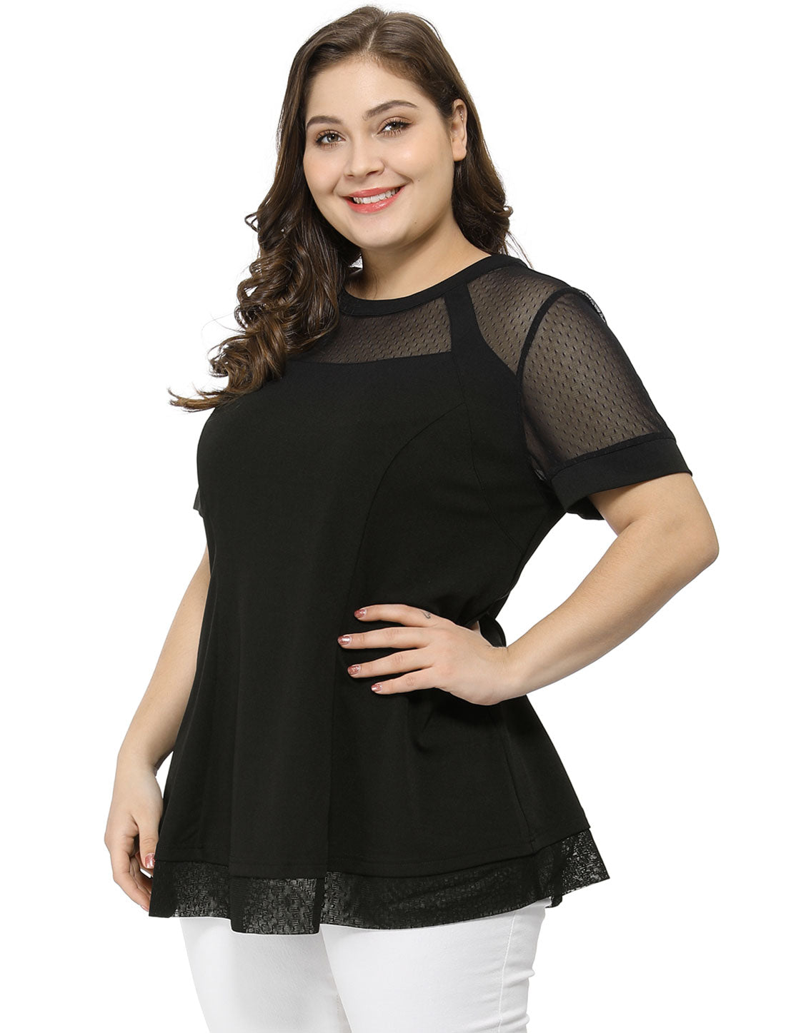 Women's Plus Size Round Neck Peplum Short Sleeve Mesh Sheer Blouse Summer Top