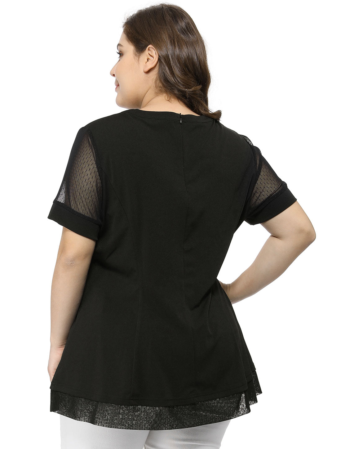 Women's Plus Size Round Neck Peplum Short Sleeve Mesh Sheer Blouse Summer Top