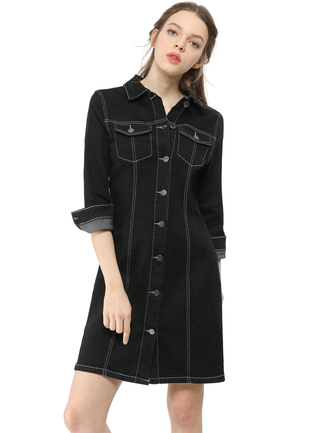 Women's 3/4 Sleeve Button Down Denim Shirt Dress