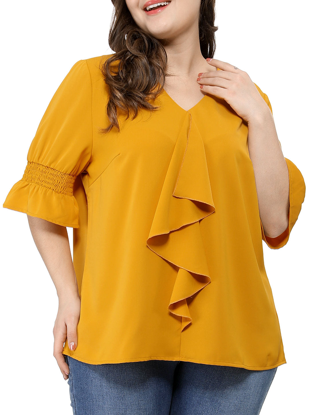 Women's Plus Size Ruffle Blouse V Neck Smocked Sleeves Top
