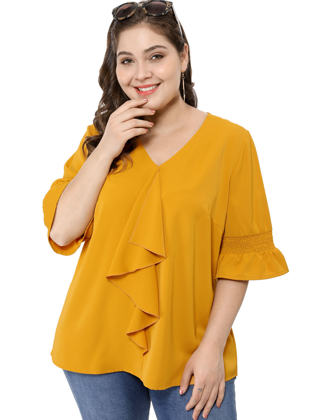 Women's Plus Size Ruffle Blouse V Neck Smocked Sleeves Top