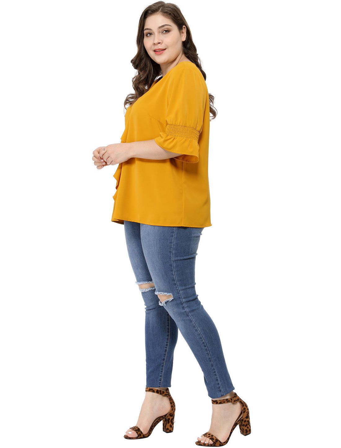 Women's Plus Size Ruffle Blouse V Neck Smocked Sleeves Top