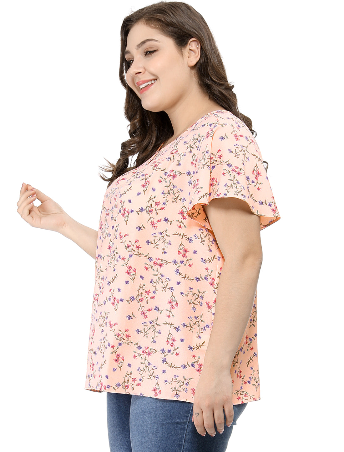 Women's Plus Size Blouses Summer Ruffle Short Sleeve Shirts Keyhole Chiffon Top