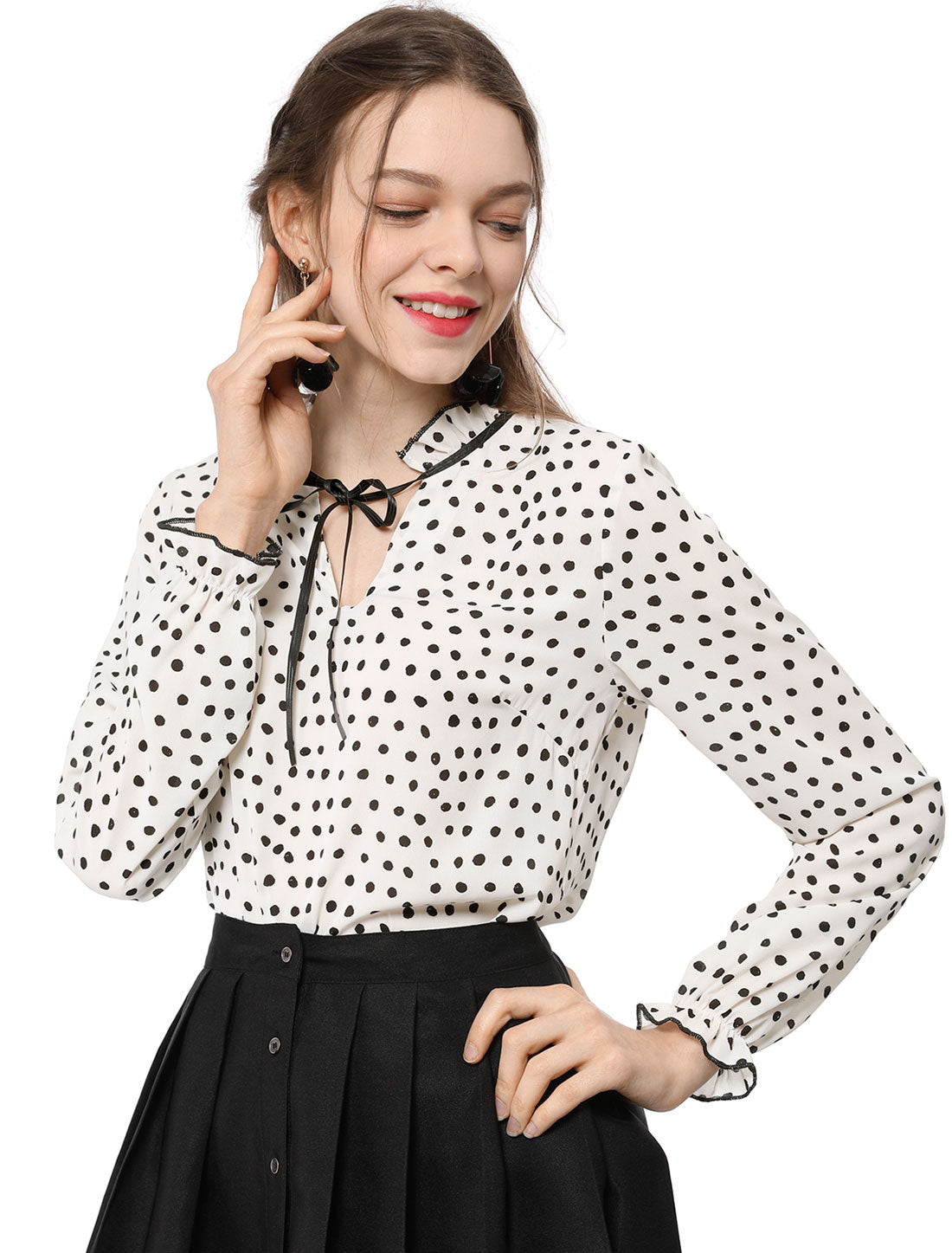 Women's Bow Tie Neck Blouse Ruffled Collar Printed Long Sleeve Top