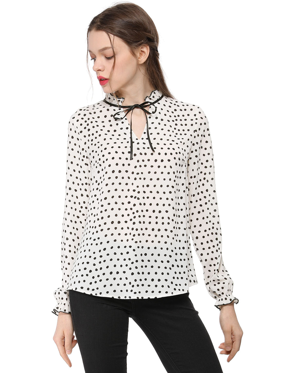 Women's Bow Tie Neck Blouse Ruffled Collar Printed Long Sleeve Top