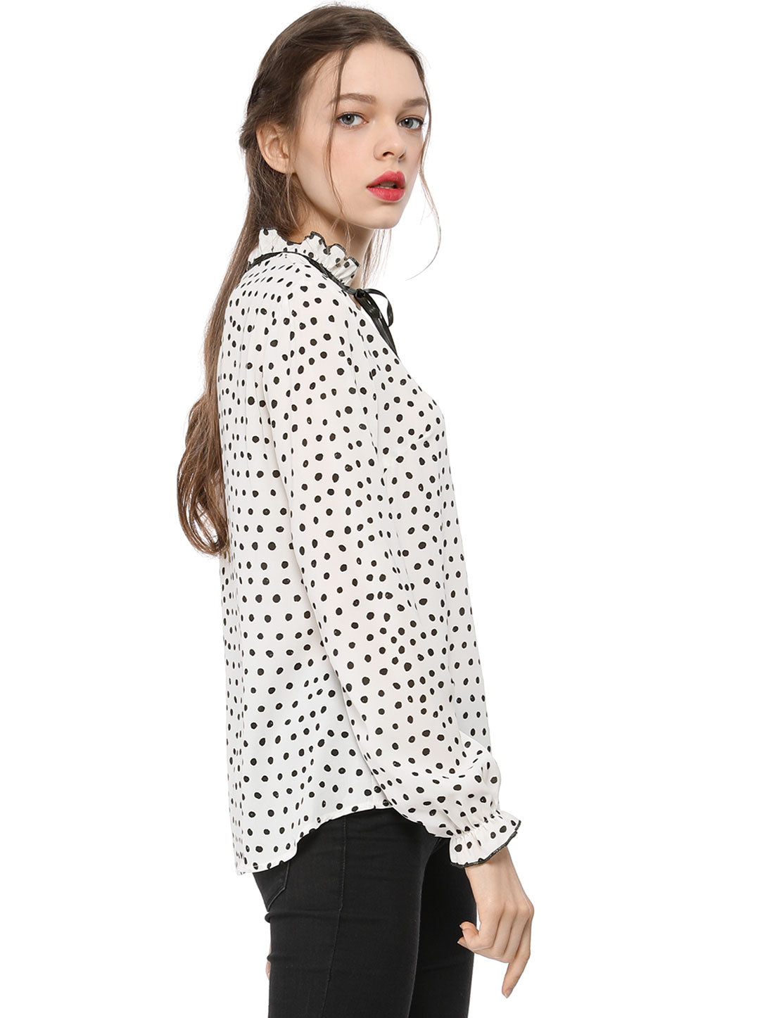 Women's Bow Tie Neck Blouse Ruffled Collar Printed Long Sleeve Top