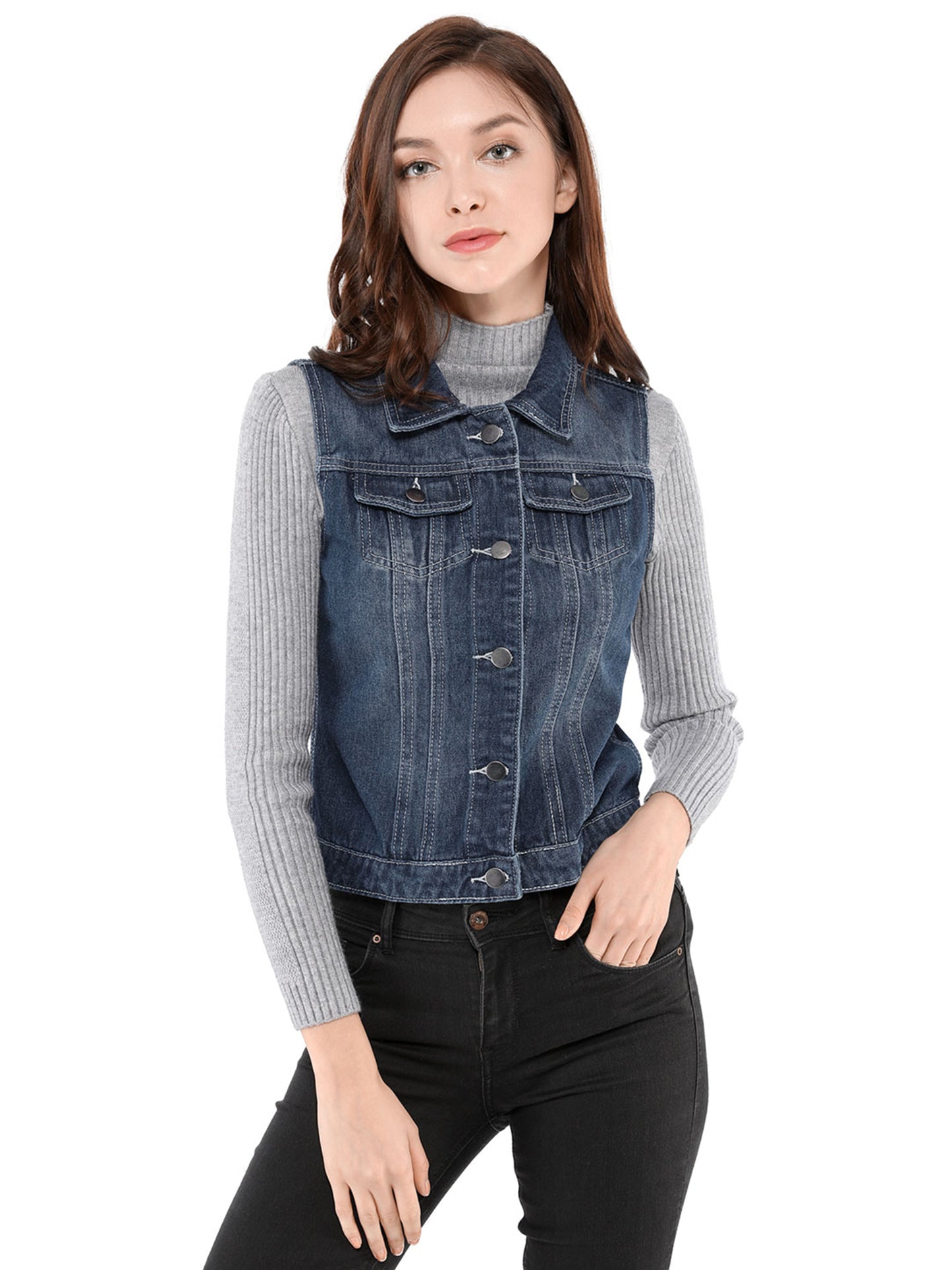 Women's Buttoned Washed Denim Vest Jacket W Chest Flap Pockets (Available in Plus Size)