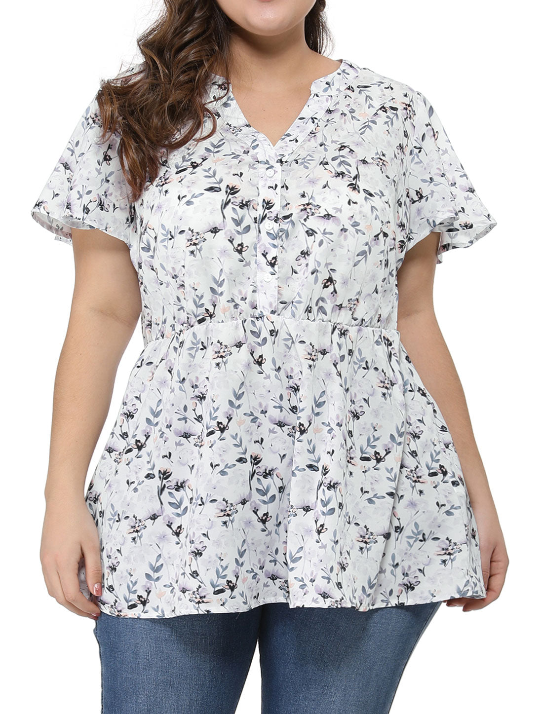 Women's Plus Size Floral Tops Elastic Waist Lightweight Chiffon Blouses Summer Top