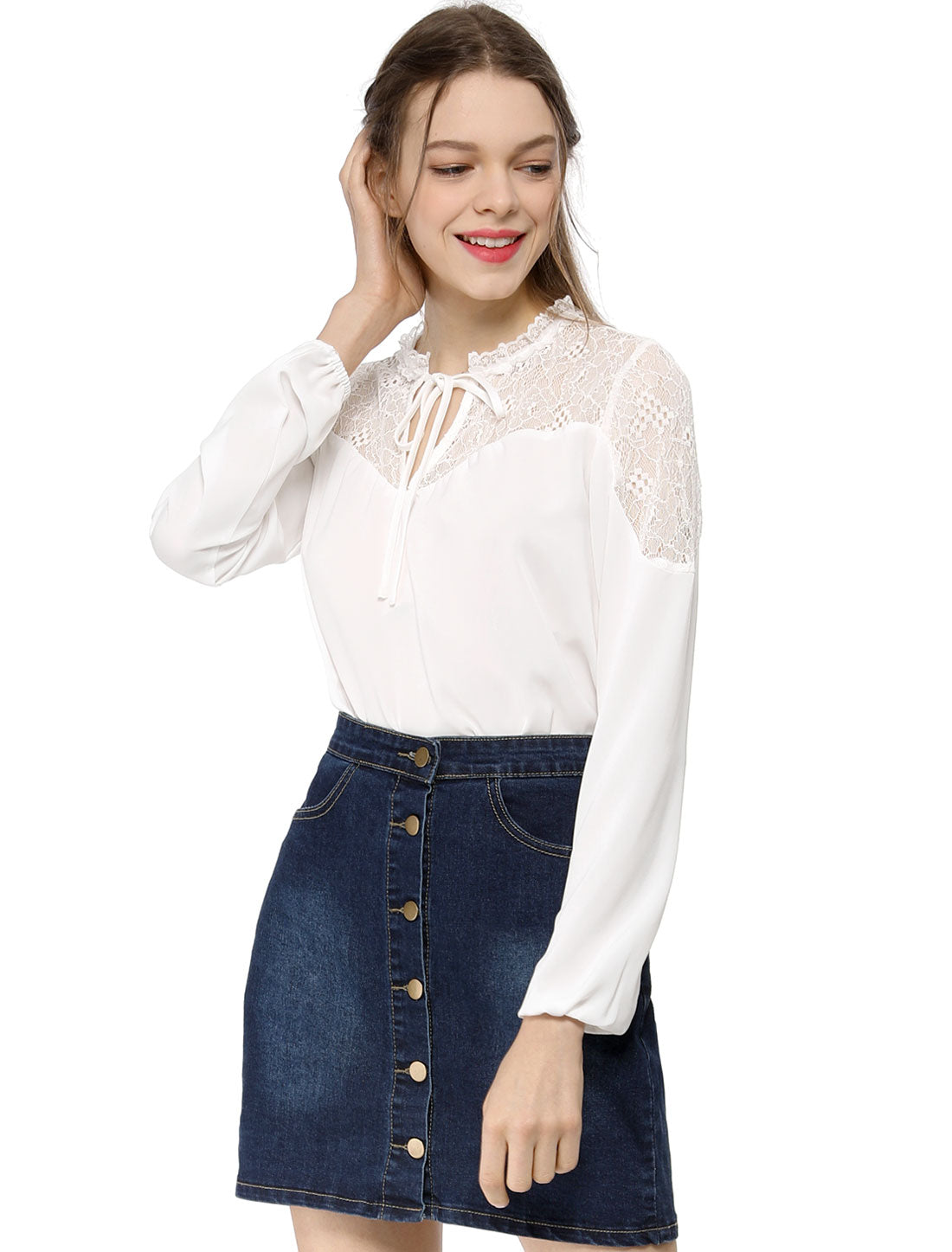 Women's Elegant Lace Self Tie Neck Ruffle Lightweight Chiffon Long Sleeve Blouse Top