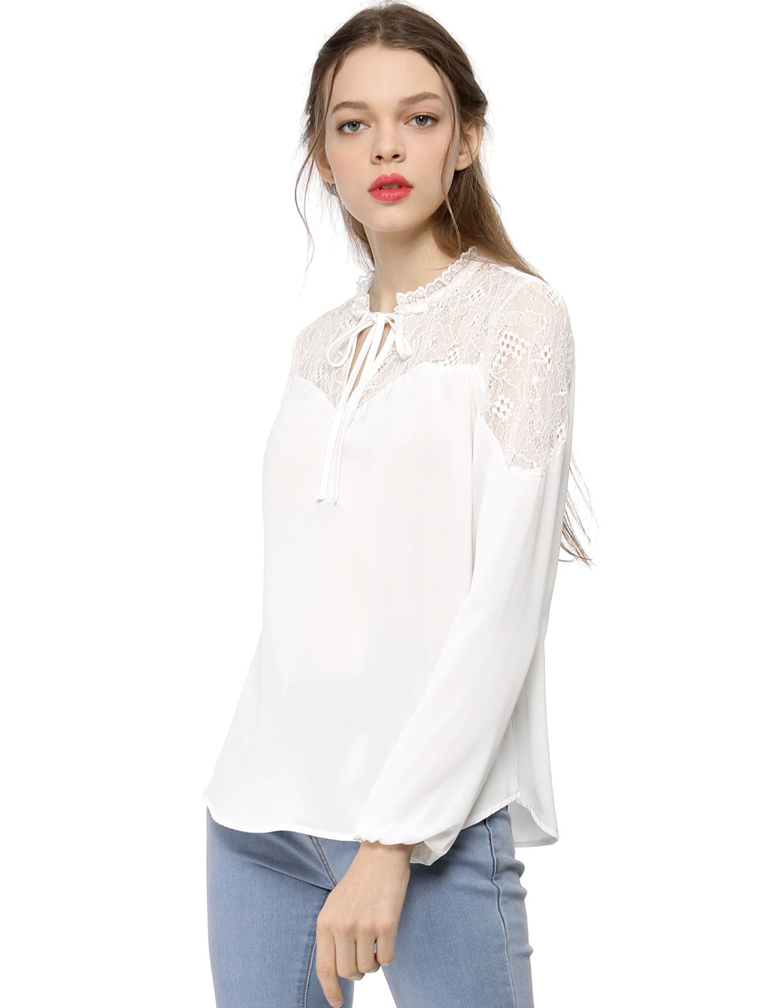 Women's Elegant Lace Self Tie Neck Ruffle Lightweight Chiffon Long Sleeve Blouse Top