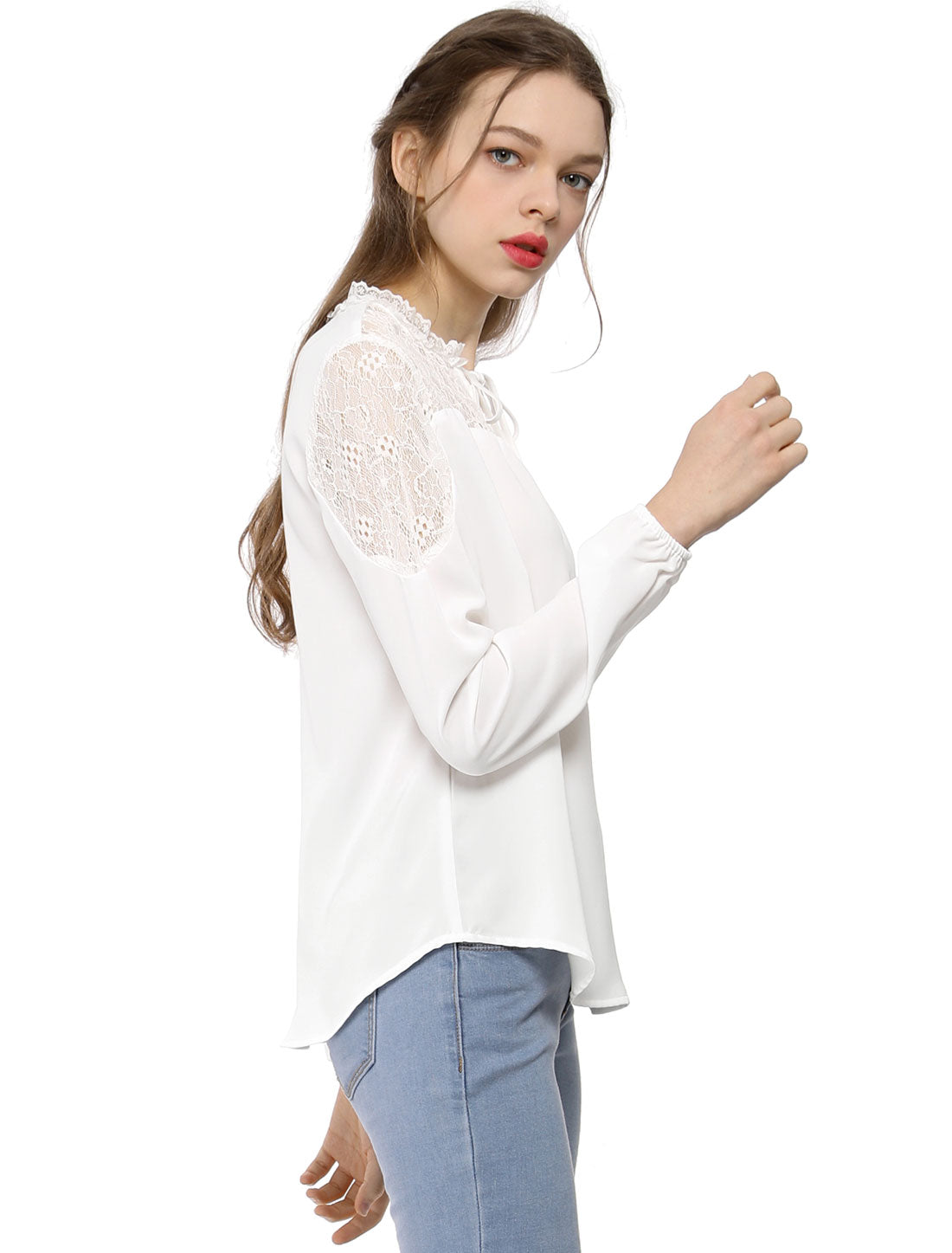Women's Elegant Lace Self Tie Neck Ruffle Lightweight Chiffon Long Sleeve Blouse Top