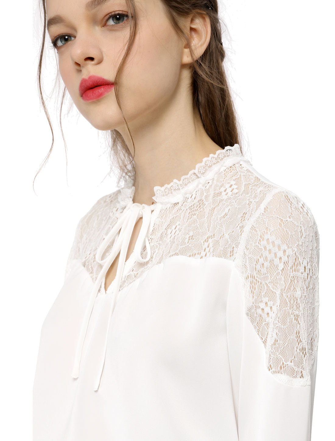 Women's Elegant Lace Self Tie Neck Ruffle Lightweight Chiffon Long Sleeve Blouse Top