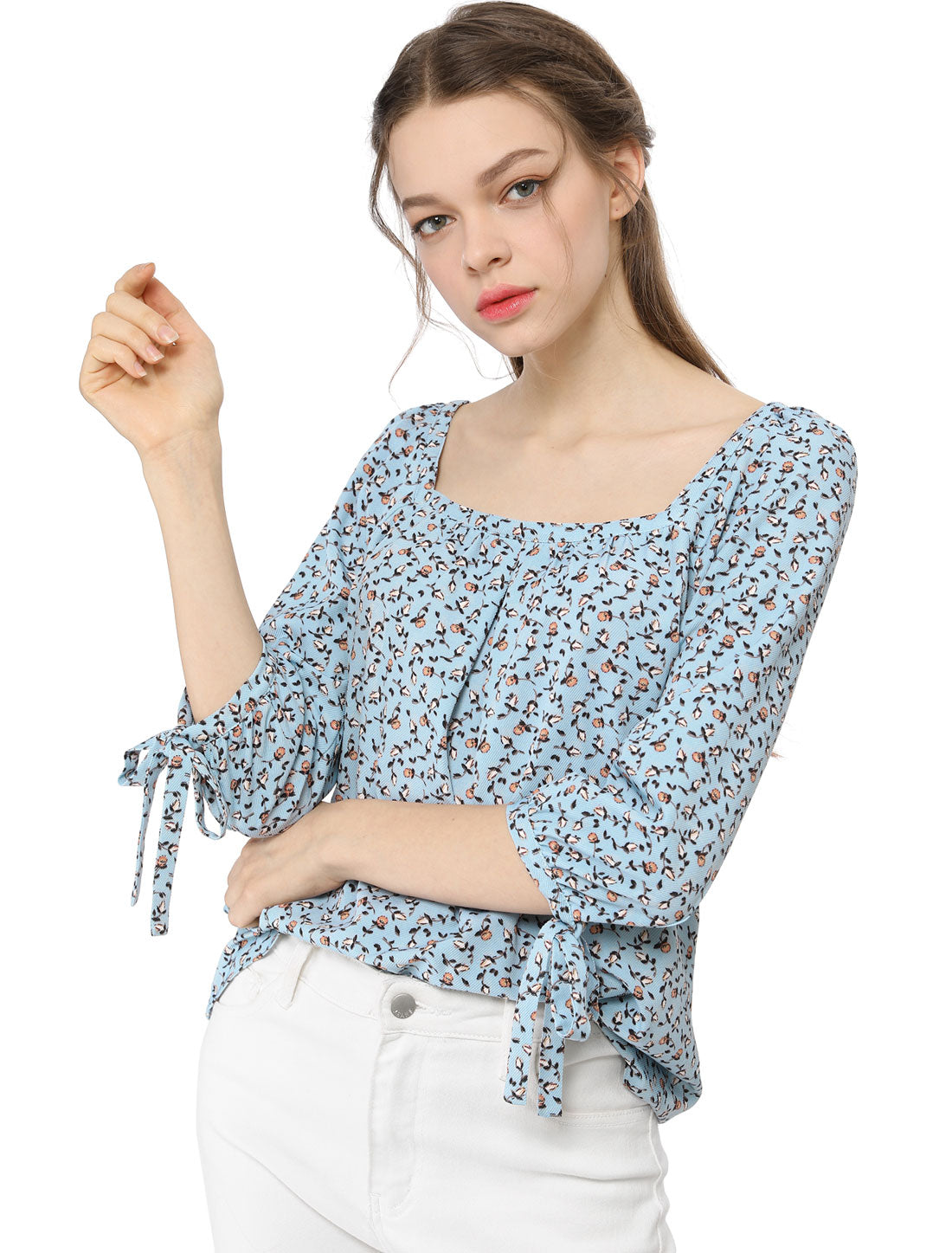 Women's Tie Cuffs 3/4 Sleeves Square Neck Floral Blouse