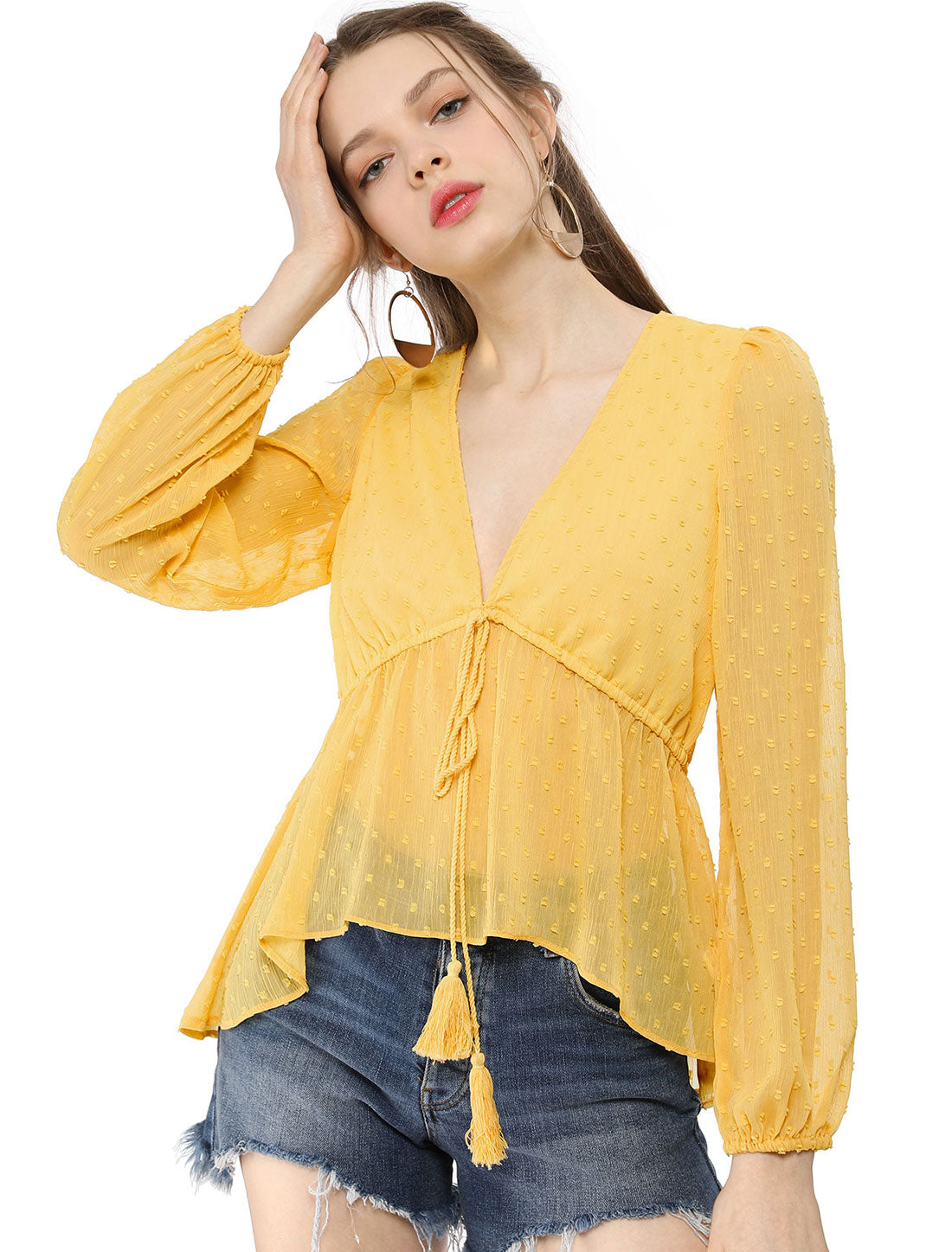 Women's Deep V Neck Chiffon Top Swiss Dots Ruffle Hem Long Sleeve Peplum Top