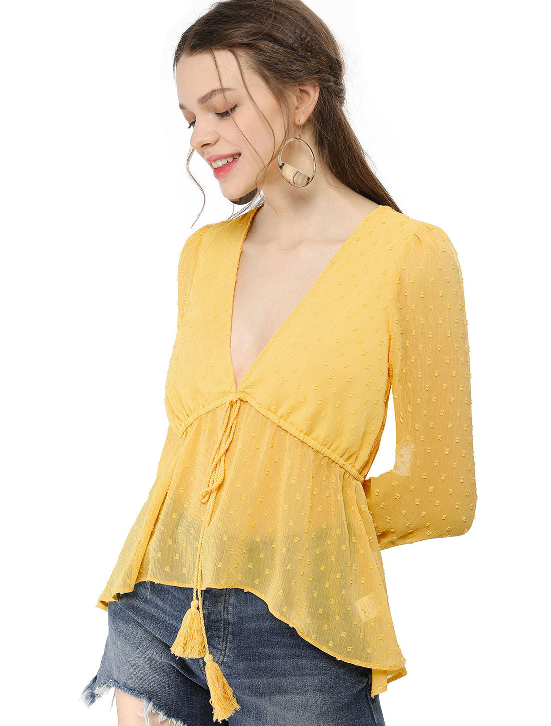 Women's Deep V Neck Chiffon Top Swiss Dots Ruffle Hem Long Sleeve Peplum Top