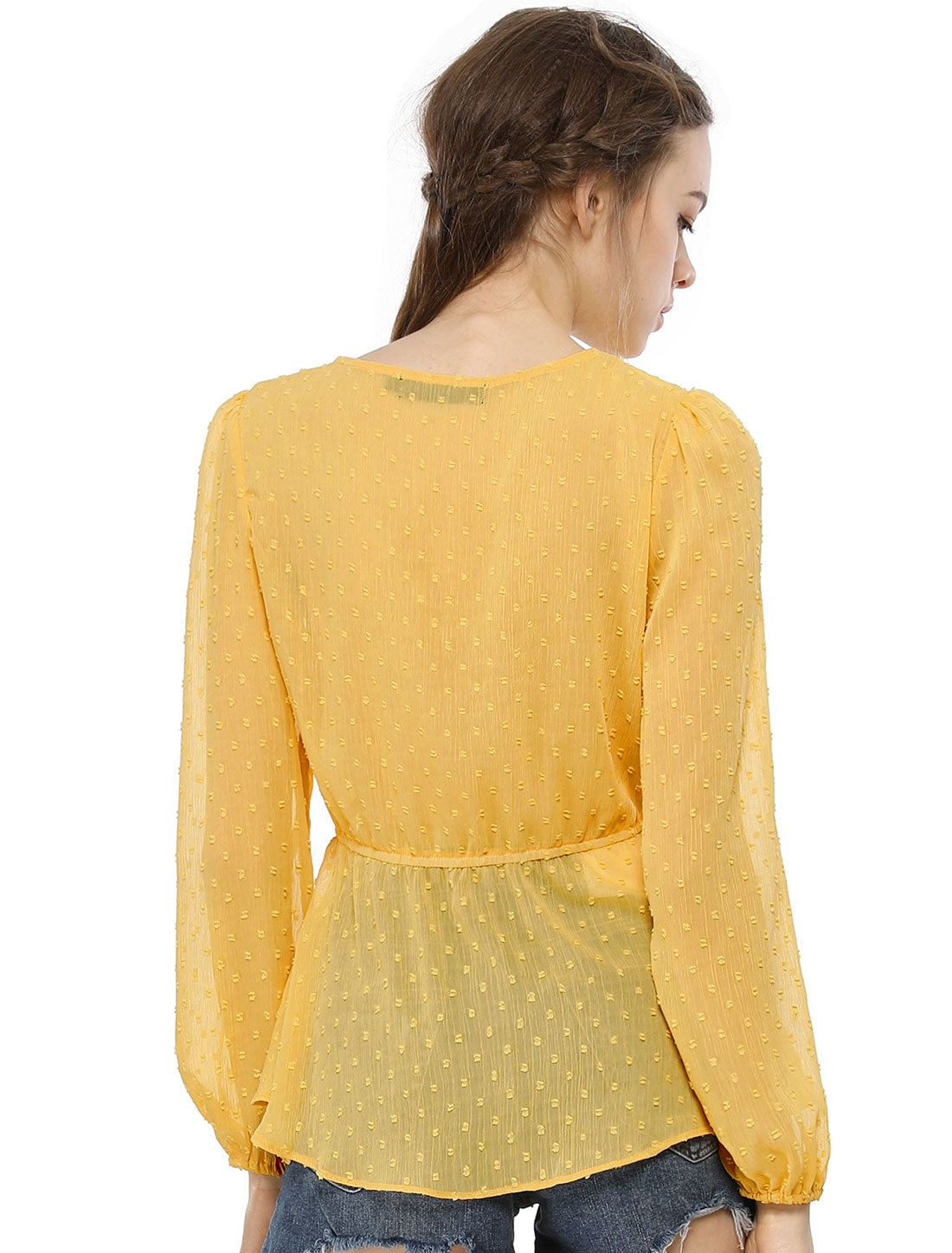 Women's Deep V Neck Chiffon Top Swiss Dots Ruffle Hem Long Sleeve Peplum Top
