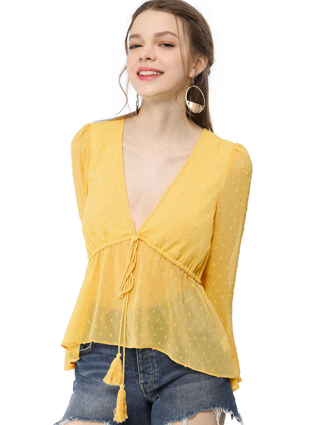 Women's Deep V Neck Chiffon Swiss Dots Ruffle Hem Long Sleeve Peplum Top