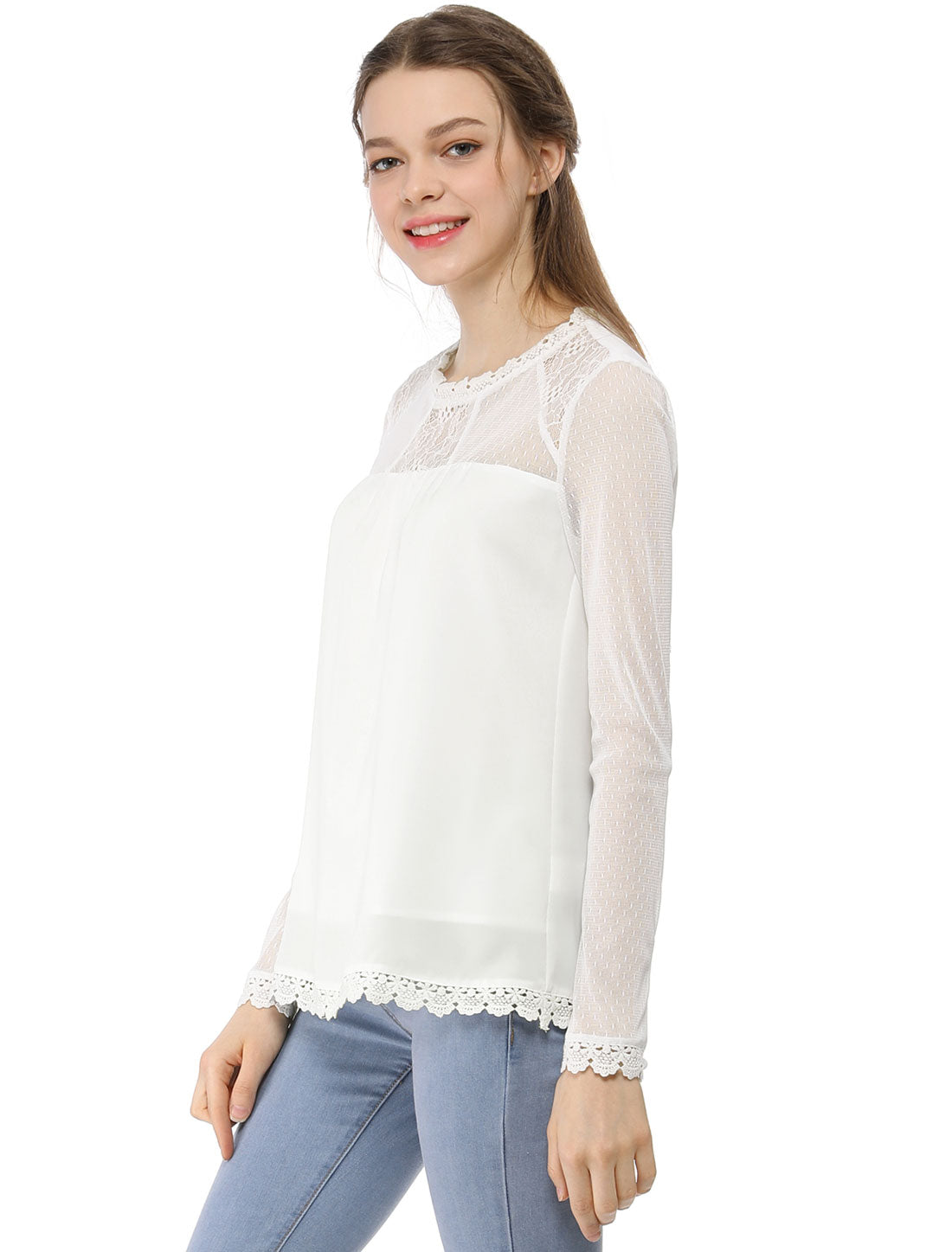 Women's Chiffon Top Elegant Sheer Mesh Lace Long Sleeve Blouse