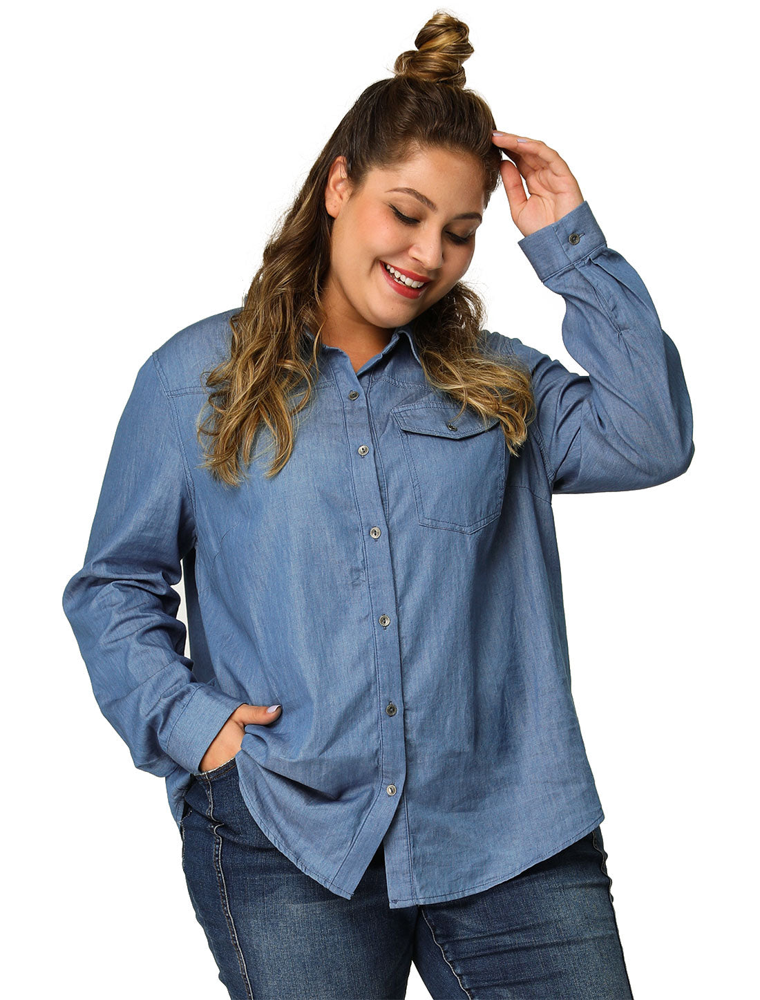 Women's Plus Size Denim Shirt Long Sleeves Chest Pocket Button Down Chambray Shirt