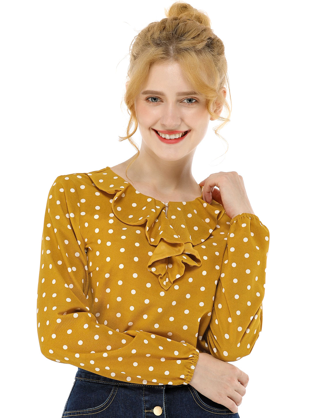 Women's Ruffle Neck Chiffon Top Long Sleeve Casual Office Blouse
