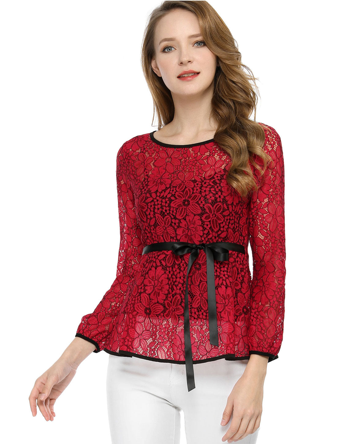 Women's Elegant Tie Waist Long Sleeve Top Lace Peplum Blouse (Available in Plus Size)