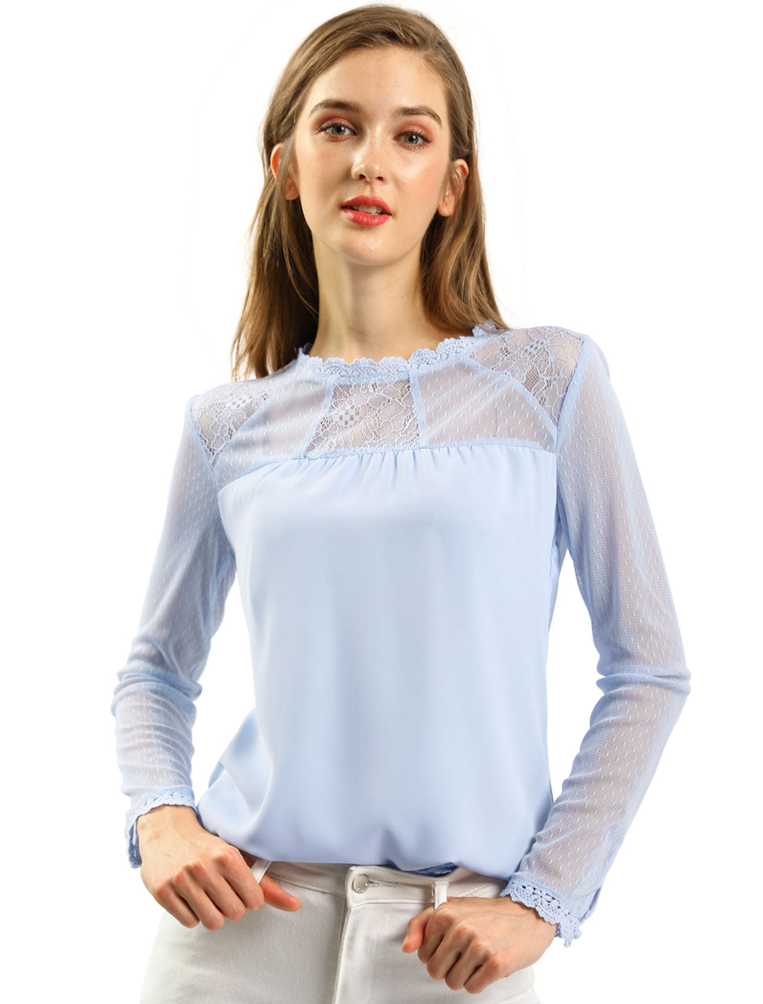 Women's Chiffon Top Elegant Sheer Mesh Lace Long Sleeve Blouse