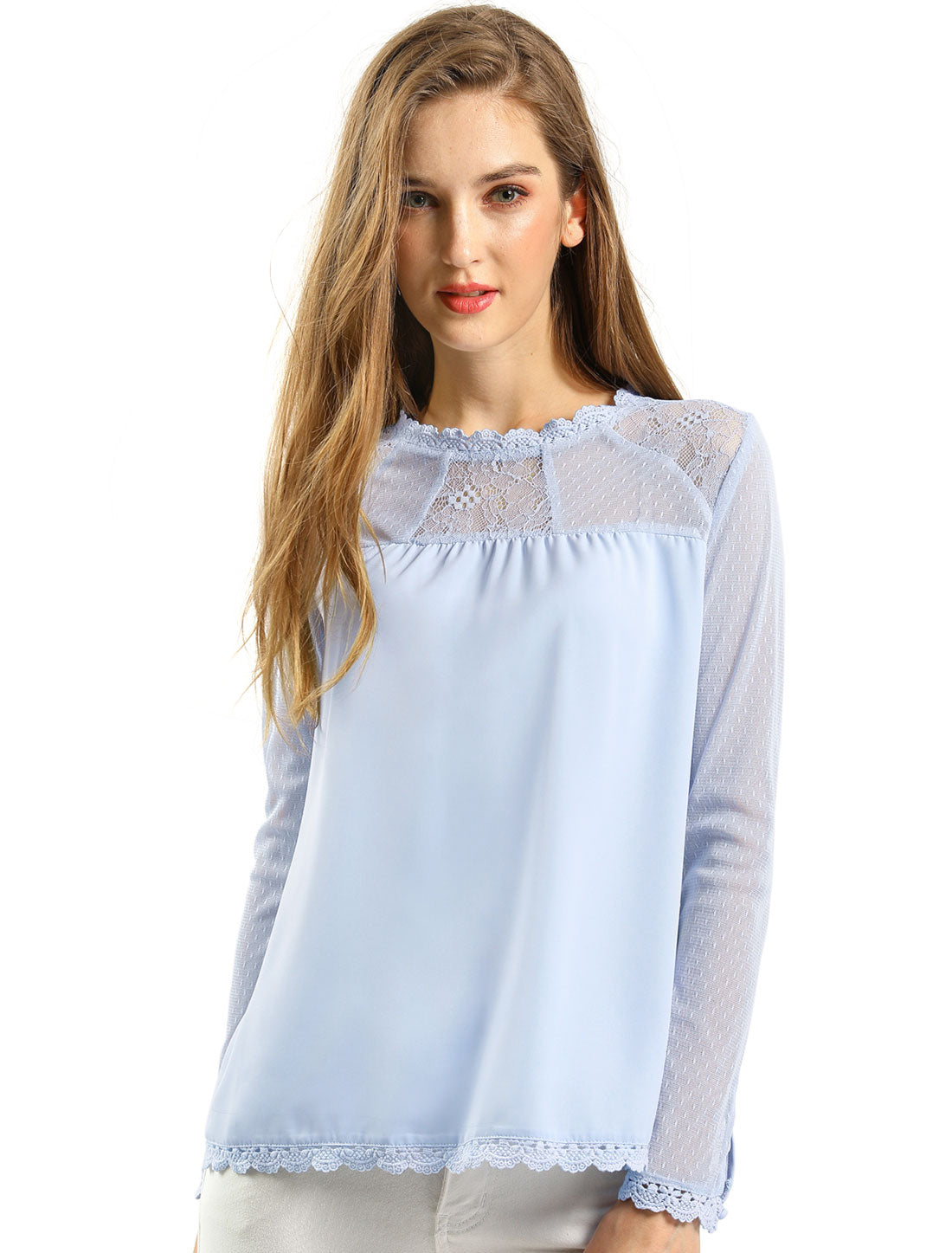 Women's Chiffon Top Elegant Sheer Mesh Lace Long Sleeve Blouse
