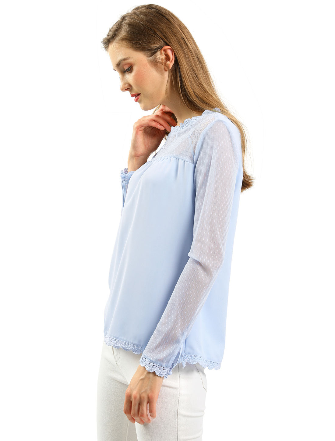 Women's Chiffon Top Elegant Sheer Mesh Lace Long Sleeve Blouse