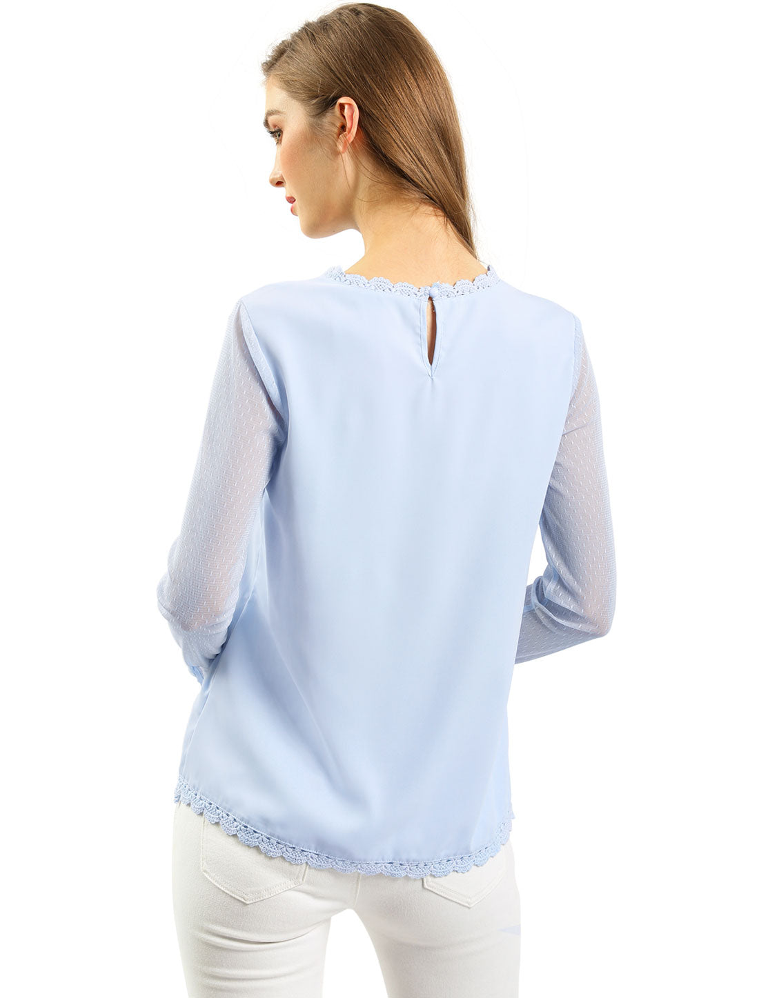 Women's Chiffon Top Elegant Sheer Mesh Lace Long Sleeve Blouse