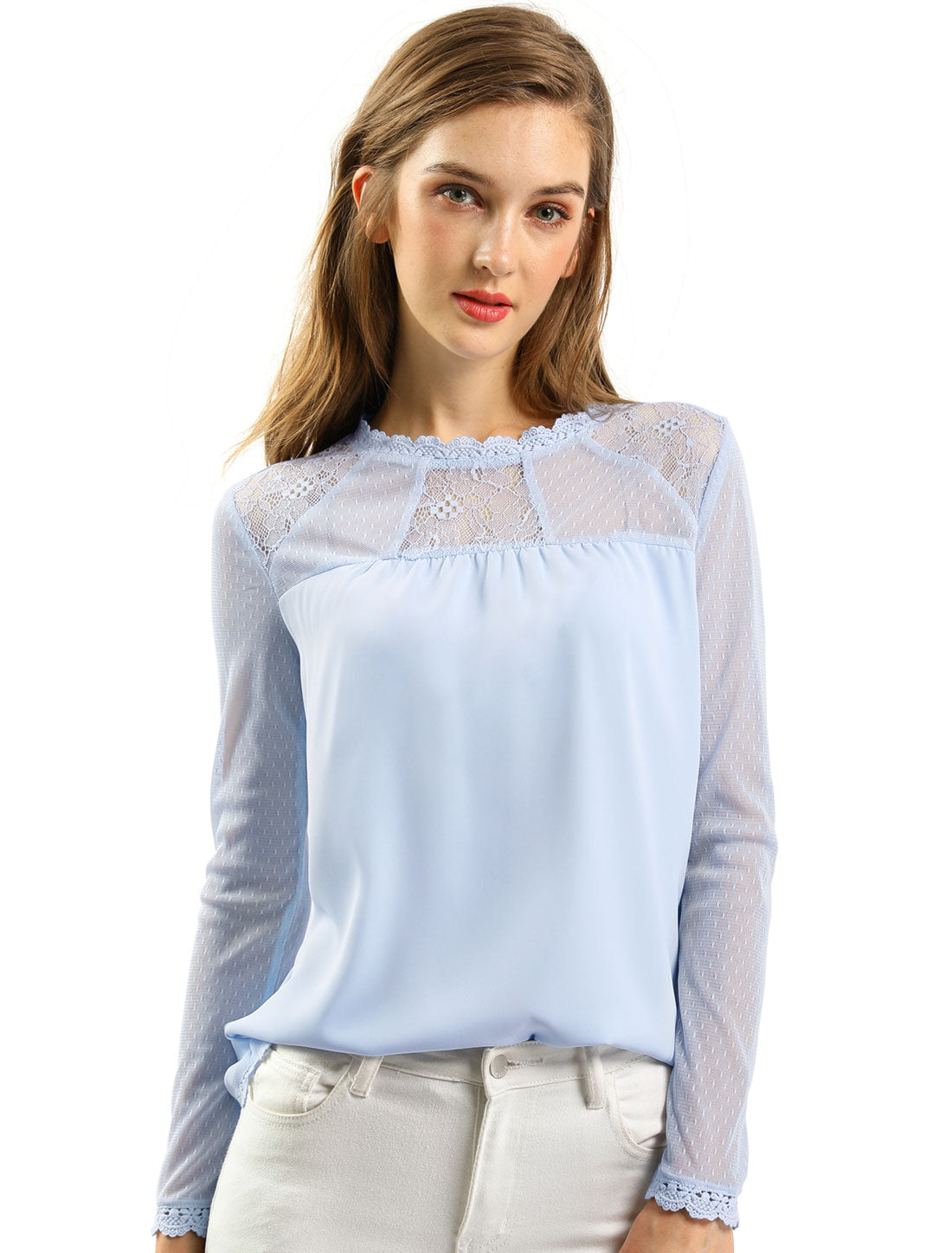 Women's Chiffon Top Elegant Sheer Mesh Lace Long Sleeve Blouse