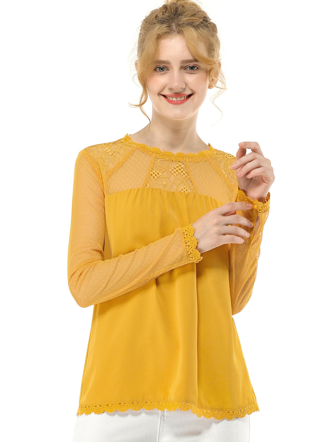 Women's Chiffon Top Elegant Sheer Mesh Lace Long Sleeve Blouse