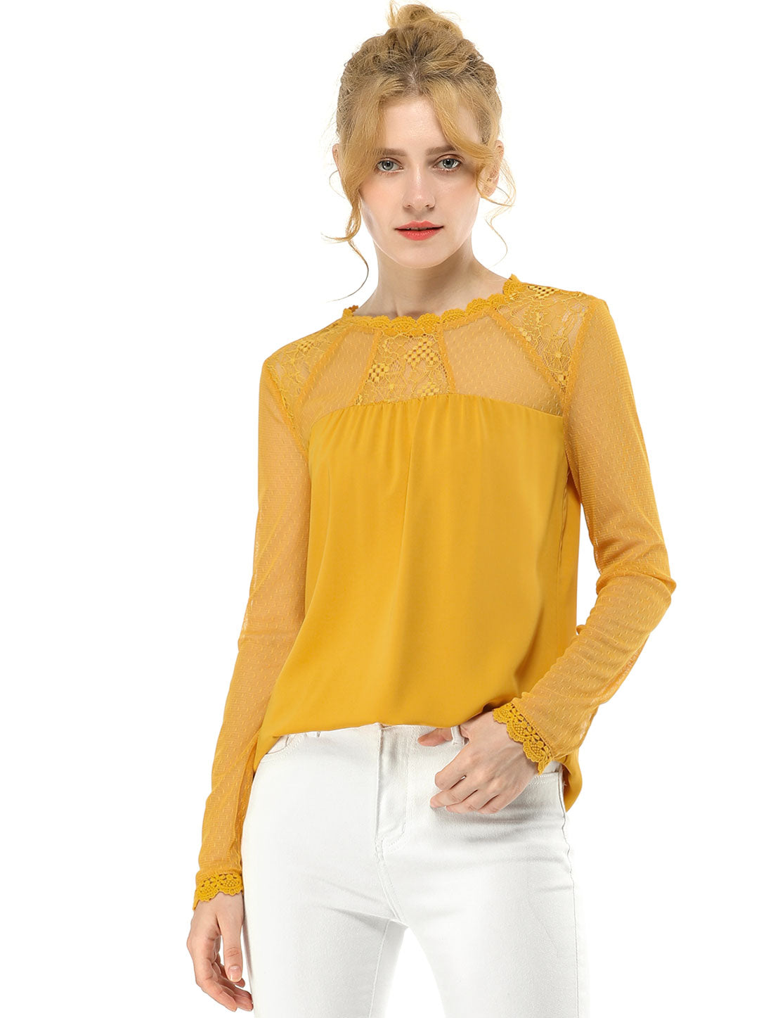 Women's Chiffon Top Elegant Sheer Mesh Lace Long Sleeve Blouse