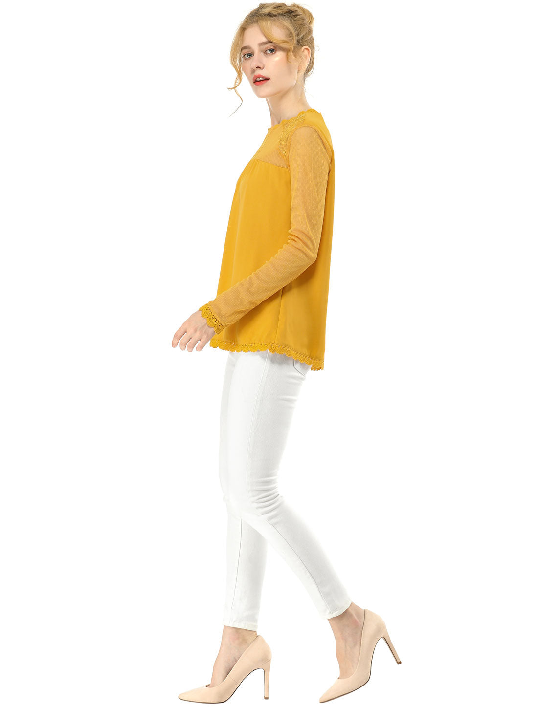 Women's Chiffon Top Elegant Sheer Mesh Lace Long Sleeve Blouse