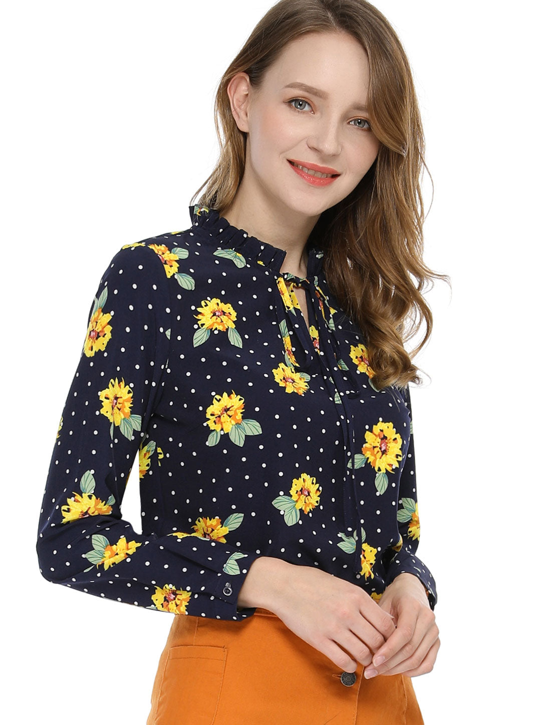 Women's Ruffled Tie Neck Long Sleeves Floral Polka Dots Blouse Top