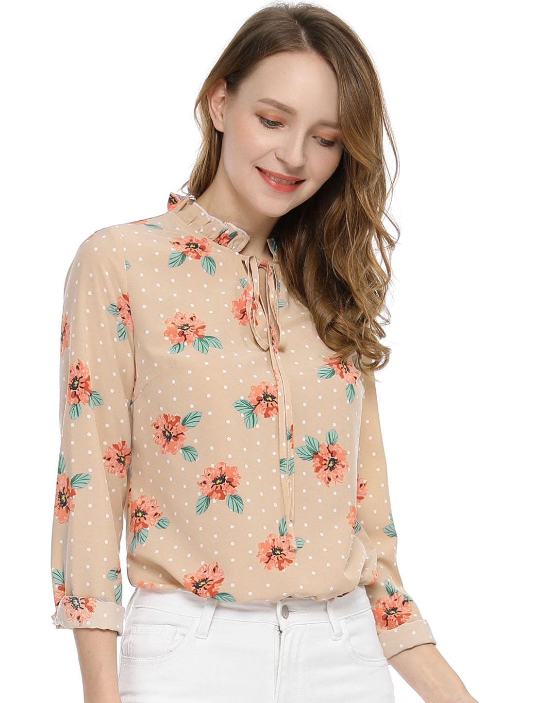 Women's Ruffled Tie Neck Long Sleeves Floral Polka Dots Blouse Top