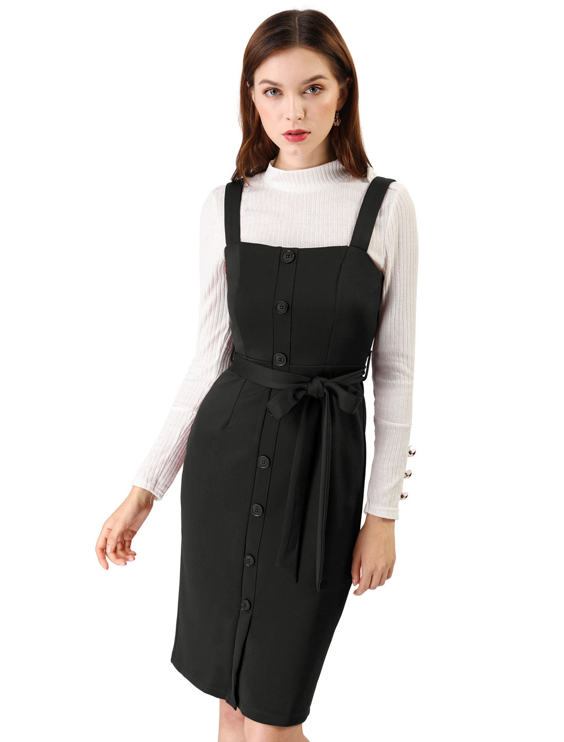 Women's Button Front Bodycon Sleeveless Belt Staps Tank Dress